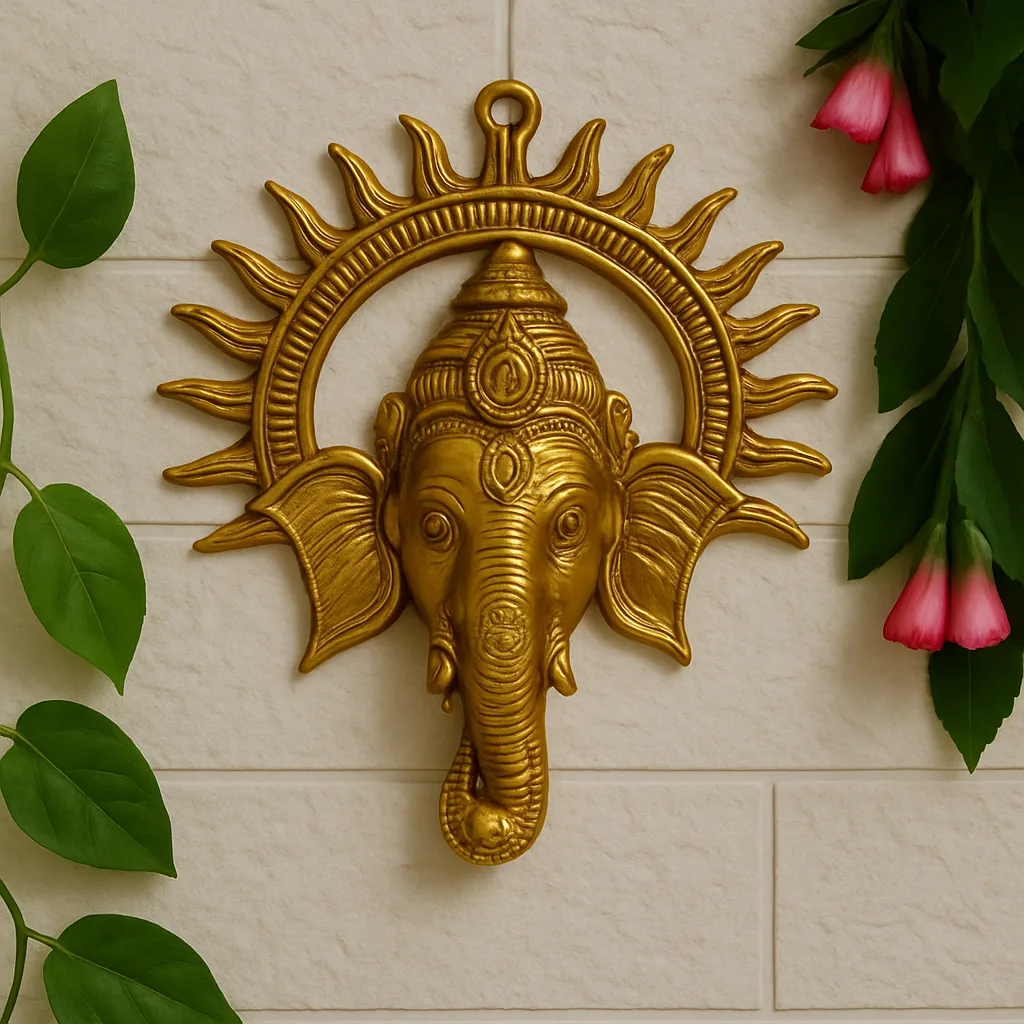 Golden metallic wall hanging idol of Lord Ganesha with sun rays pattern
